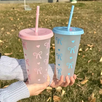 แก้วน้ำลายโบมีฝาปิด มี 2 สี ฟ้า/ชมพู