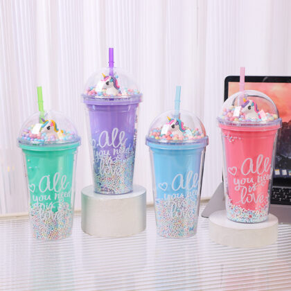 แก้วพลาสติก2ชั้น แก้วน้ำฝาโดม แก้วน้ำวิ้งๆ แก้วน้ำฝาเพชร แก้วน้ำลายการ์ตูน แก้วน้ำแบบใส ทรงคริสตัล 4/ชิ้น ครบสี